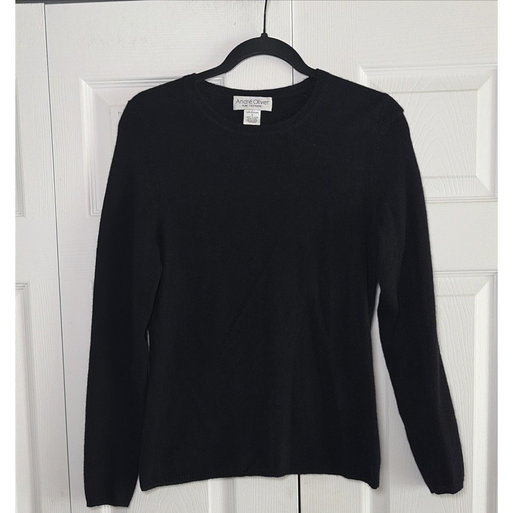 Andre Oliver Pure Cashmere Crewneck Sweater Womens Size S Black Luxury Soft Warm